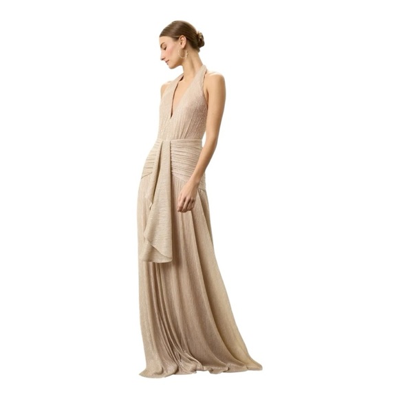 Patbo Lurex Draped Maxi Gown Halter Dress in Gold Metallic Size 4 - Picture 1 of 12